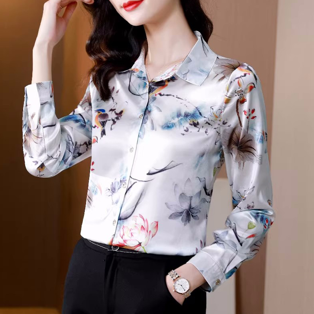 Xxl Women Fashion - Women's Printed Long Sleeve Satin Shirts