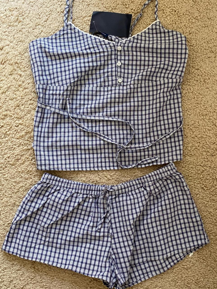 Lace Trim Cami - Navy Plaid Tank Shorts 2 Piece