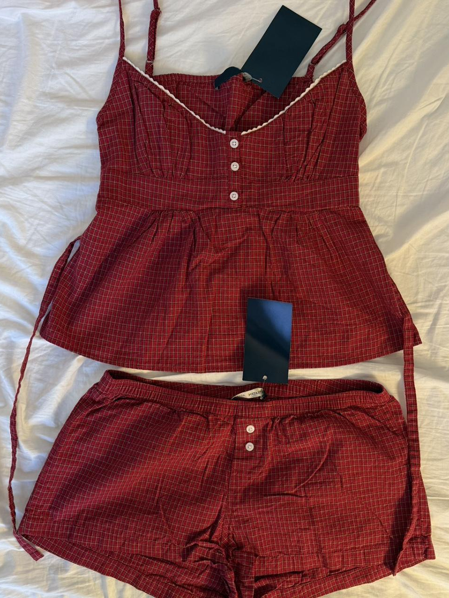 Red Plaid Buttons Tank Shorts  - مراجعة Lace Trim Cami وسعره