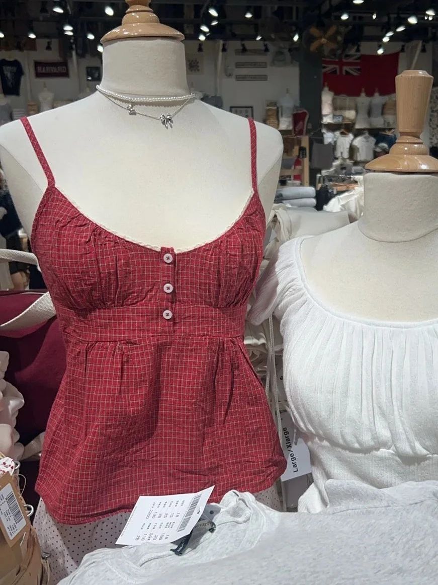 Red Plaid Buttons Tank Shorts  - مراجعة Lace Trim Cami وسعره